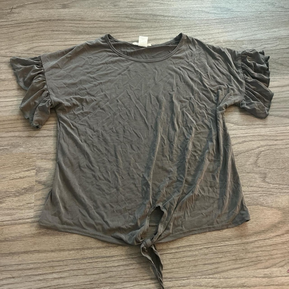 Caution To The Wind Gray Tie Front Ruffled Tee
